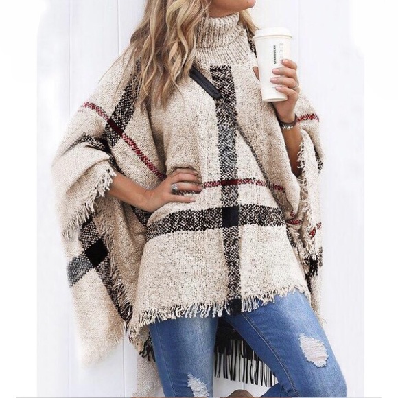 SALE! 🌴plaid poncho turtleneck in black plaid - Picture 7 of 8